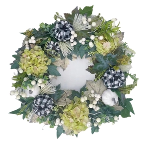 Autumn harvest wreath with white pumpkins, buffalo plaid fabric and green hydrangea decor