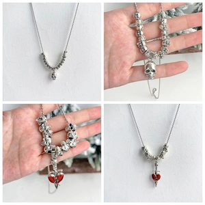 Vintage Gothic Punk Skull Heart Pendant Necklace For Women Men Halloween Party Jewelry Antique Silver Oil Drip Necklace