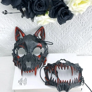 Set maschera da lupo mannaro e drago nero e rosso per costumi cosplay di Halloween