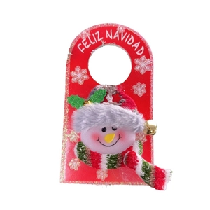 Christmas snowman door hanger with Feliz Navidad greeting and bells for festive decor