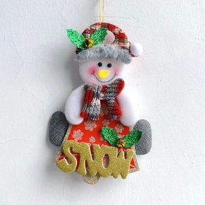 Detailed view of plush snowman ornament with plaid hat and glittery SNOW base text