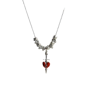 Gothic skull necklace with red heart and dagger pendant in silver finish