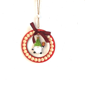 Detail of wooden Christmas gnome ornament with red ring, wooden beads and checkered bow tie