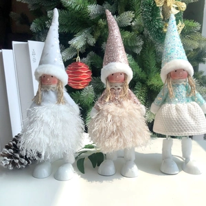 Three sequined Christmas elf dolls in white, pink, and blue for holiday home decoration