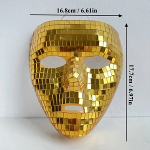 Golden disco ball face mask with mirror glass tiles and dimension details in cm and inches