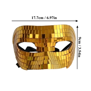Golden disco ball mirror half-face party mask with reflective square glass tiles and strap