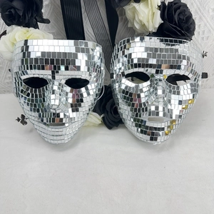 Detail view of disco ball mirror masks with silver square glass tiles and adjustable straps