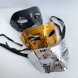Detailed view of handmade disco ball sequin masks in gold, silver, and black finishes