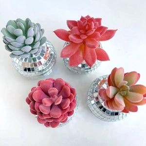 Top view of faux succulents in mirrored disco ball pots with vibrant colorful leaves