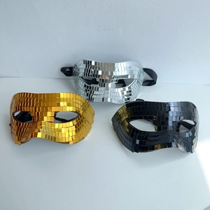 Three disco mirror masks in gold, silver and black with elastic ties for parties