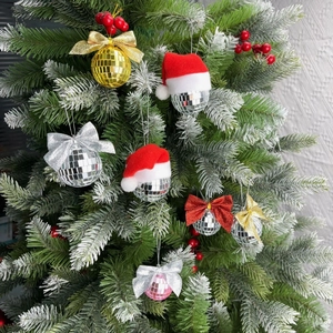 Mirror disco ball Christmas tree ornaments with festive bows and mini Santa hats