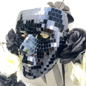 Gothic disco mirror mask with dark square glass tiles and artificial black and white roses
