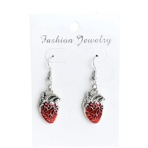 Boucles d'oreilles cœur anatomique argenté vintage avec émail rouge d'Halloween
