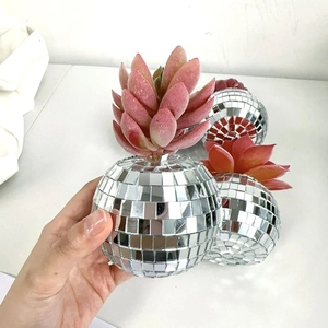 Close-up of a silver mirror disco ball planter with realistic pink succulent plant