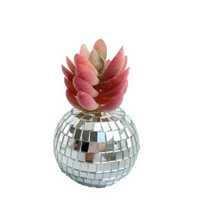 Disco ball mirror planter with pink artificial succulent for home and bar table decor