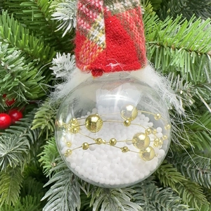 Christmas Gnome gnome bulb ornament with plaid hat and foam beads hanging on tree