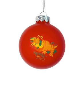 Detail of red Thanksgiving hanging ball with cornucopia and Give Thanks text