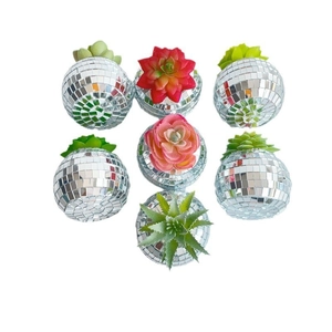 Set of 7 disco ball succulent planters with silver mirror glass tiles for home decor