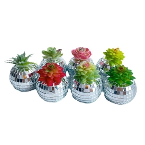 Set of 7 artificial succulent plants in silver mirror disco ball pots for home decor