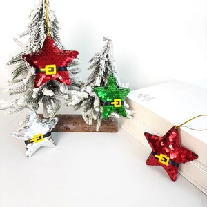 Christmas Star Sequin Hanging Ornament Santa Belt Design Sparkly Star Decor For Christmas Tree Holiday Party Decoration