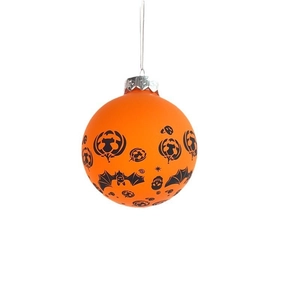 Festive Halloween pumpkin and bat pattern orange ornament ball with silver hanging cap