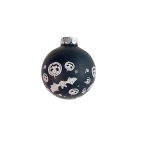 Halloween decorative bauble with white bat and pumpkin prints on a matte black finish