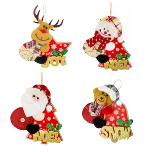 Set of 4 Christmas fabric ornaments featuring Santa, Snowman, Reindeer, and Bear with gold sequins