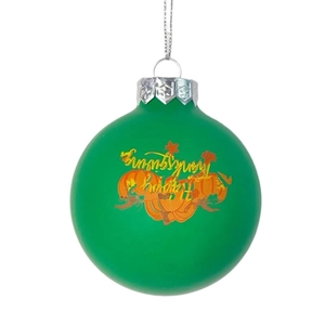 Green Thanksgiving ornament ball with pumpkin print and silver hanging string decoration