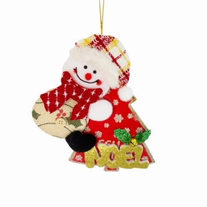 Detail of Christmas snowman ornament with red tree body and golden Noel glitter text