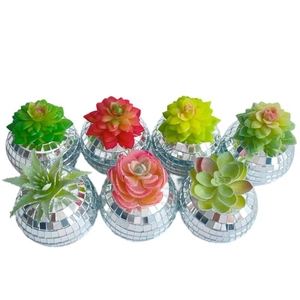 Disco Ball Artificial Succulent Plant With Mirror Mosaic Pot Retro Silver Planter For Desktop Home Party Decoration