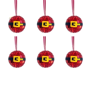 Detail of six red disco mirror ball ornaments featuring Santa Claus belt design and hanger