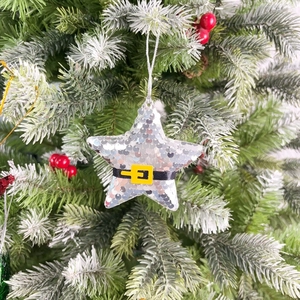 Close-up of a silver glitter star ornament with Santa belt hanging on a Christmas tree branch
