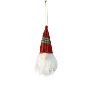 Nordic Christmas gnome hanging ornament with red green plaid hat and white beard