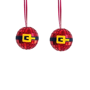 Set of red disco ball Christmas ornaments with Santa Claus belt design and hanging loops