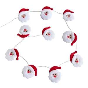 Detailed macro view of plush Santa Claus LED string lights with soft red and white texture