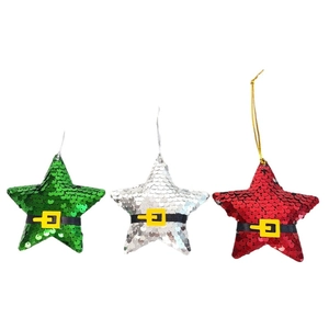 Glittery Christmas star ornaments with Santa belt in green, silver and red color set