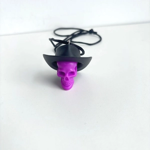 Halloween purple skull necklace with black cowboy hat pendant on minimalist cord