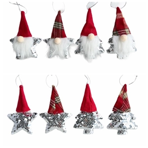Set of 8 Christmas Gnome ornaments with silver sequins and plaid hats for tree decoration
