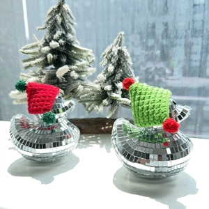 Disco ball mirror duck Christmas ornaments with mini red and green hand-knitted hats