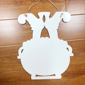 Blank white DIY wooden sign in cauldron shape with rustic hemp rope for home decor