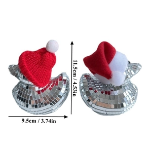 Detailed view of 4.5 inch silver disco ball duck with red Christmas hat and dimensions