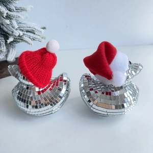 Disco ball foam ducks with red Christmas hats and silver mirror mosaic finish