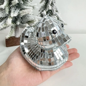 Handheld disco ball mirror duck figurine with silver reflective glass tiles for home decor