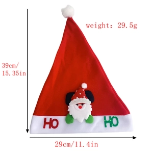 Detail view of plush Christmas hat with Santa ornament showing 39cm height dimensions