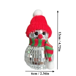 Detailed size view of silver disco ball snowman decor with red hat and scarf