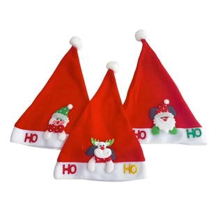 Three Christmas plush hats featuring 3D cartoon snowman, reindeer, and Santa Claus characters