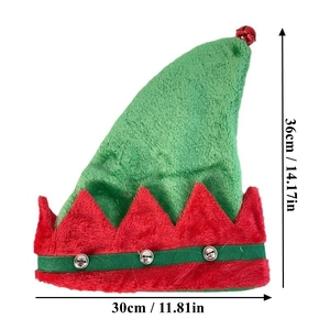 Detail view of plush Christmas elf hat showing size dimensions with bells and vibrant colors
