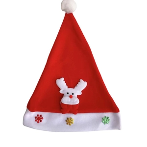 Classic red Christmas hat featuring a 3D reindeer design and colorful sequin snowflakes