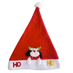 Detail of Christmas hat featuring 3D cartoon reindeer plush and embroidered HO text