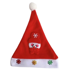 Detail of red Christmas hat with plush snowman decoration and colorful snowflake sequins